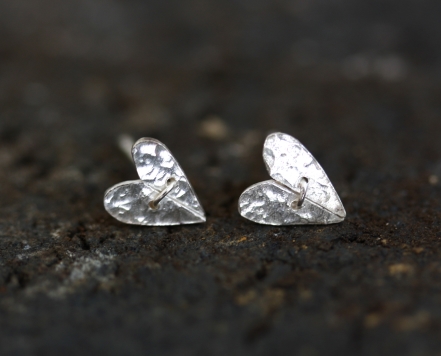 handmade silver sewn heart stud earrings